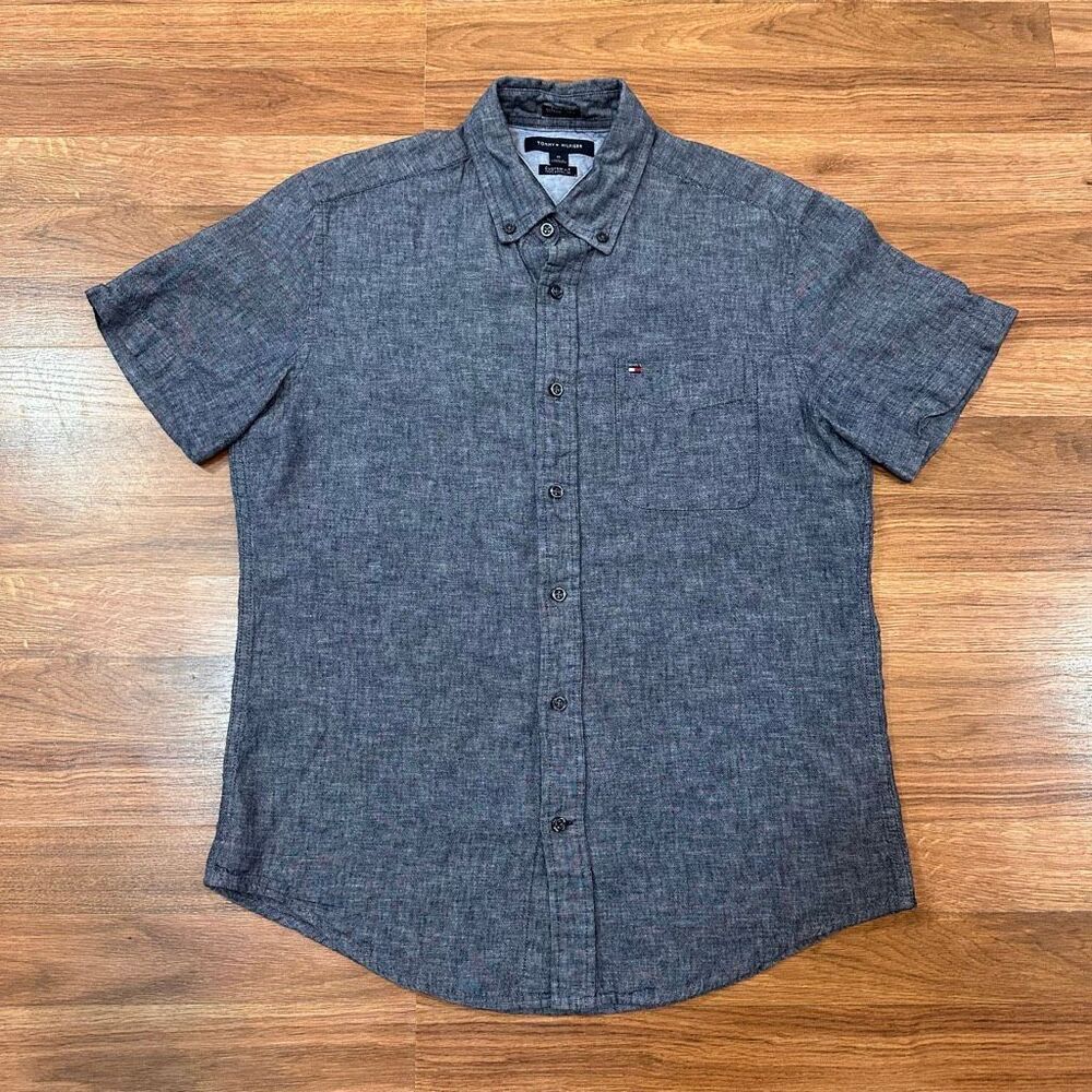 Tommy Hilfiger Short Sleeve Collared Button Down Shirt Blue/Grey| Men Size Mediu
